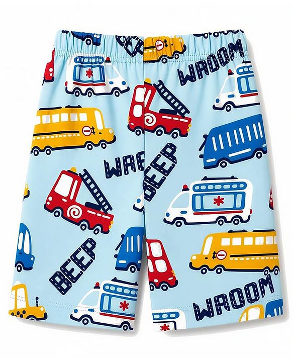 Babyhug 100% Cotton Knit Half Sleeves Vehicles Printed Co-Ords T-Shirt & Shorts Night Suit - Light Blue