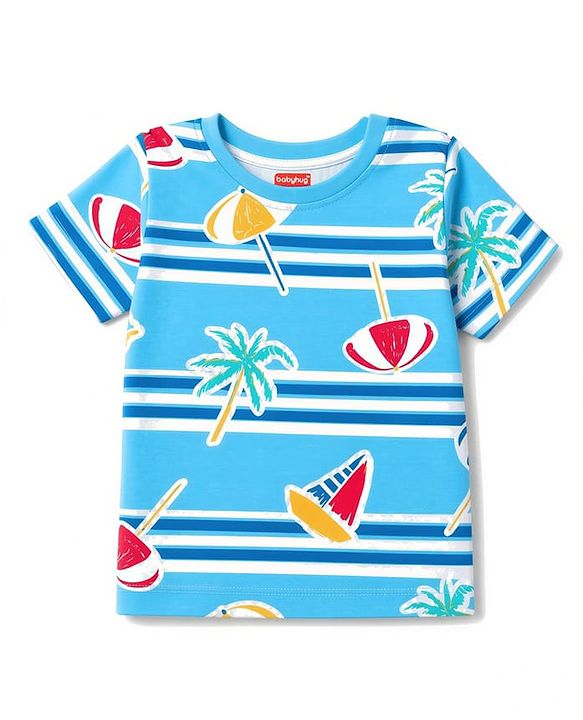 Babyhug 100% Cotton Knit Half Sleeves Co-ords Beach Printed T-Shirt & Shorts Night Suit - Blue