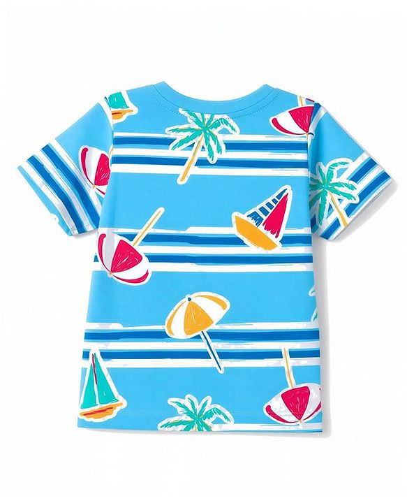 Babyhug 100% Cotton Knit Half Sleeves Co-ords Beach Printed T-Shirt & Shorts Night Suit - Blue
