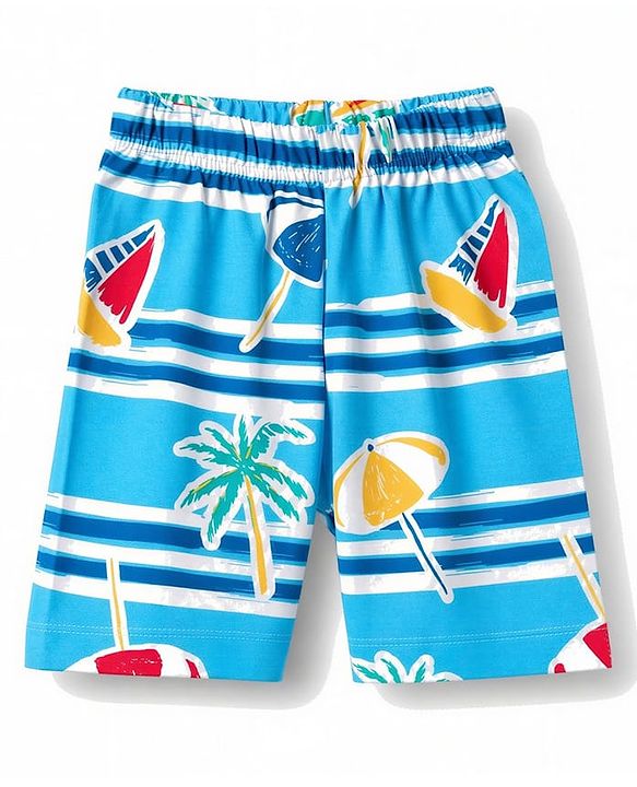 Babyhug 100% Cotton Knit Half Sleeves Co-ords Beach Printed T-Shirt & Shorts Night Suit - Blue