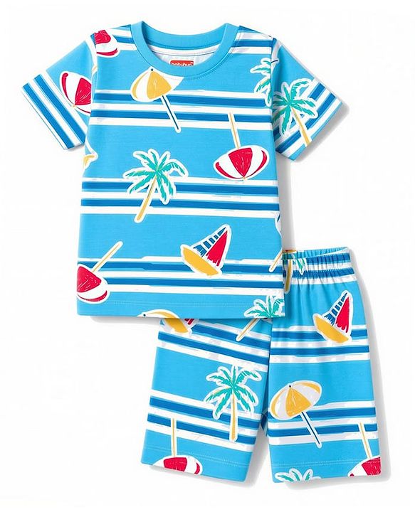 Babyhug 100% Cotton Knit Half Sleeves Co-ords Beach Printed T-Shirt & Shorts Night Suit - Blue