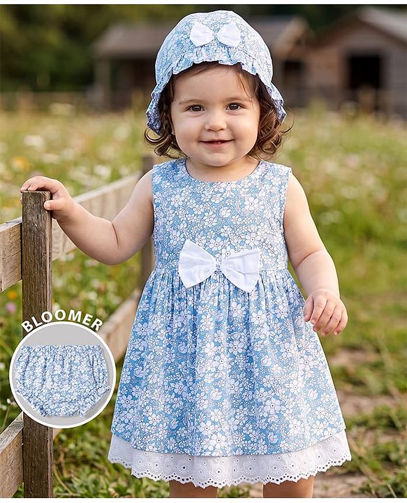 Babyhug Woven Sleeveless Floral Printed Frock With Bloomer & Bow Applique & Cap - White & Light Blue
