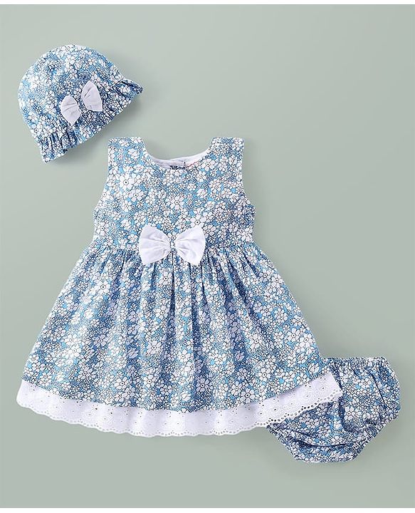 Babyhug Woven Sleeveless Floral Printed Frock With Bloomer & Bow Applique & Cap - White & Light Blue