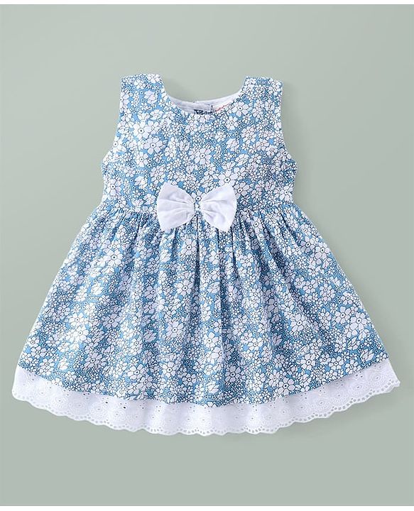 Babyhug Woven Sleeveless Floral Printed Frock With Bloomer & Bow Applique & Cap - White & Light Blue