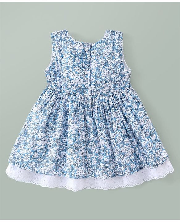 Babyhug Woven Sleeveless Floral Printed Frock With Bloomer & Bow Applique & Cap - White & Light Blue