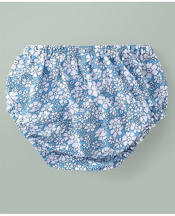 Babyhug Woven Sleeveless Floral Printed Frock With Bloomer & Bow Applique & Cap - White & Light Blue