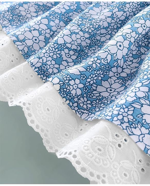 Babyhug Woven Sleeveless Floral Printed Frock With Bloomer & Bow Applique & Cap - White & Light Blue