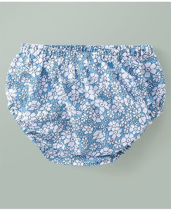 Babyhug Woven Sleeveless Floral Printed Frock With Bloomer & Bow Applique & Cap - White & Light Blue