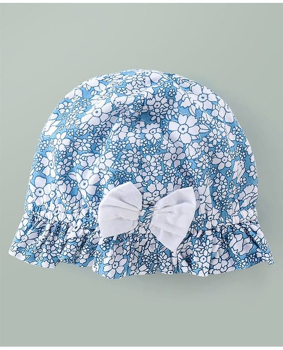Babyhug Woven Sleeveless Floral Printed Frock With Bloomer & Bow Applique & Cap - White & Light Blue