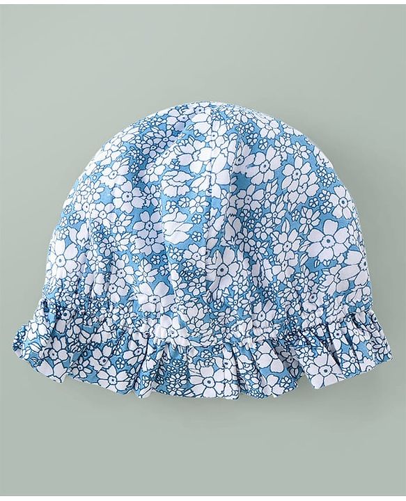 Babyhug Woven Sleeveless Floral Printed Frock With Bloomer & Bow Applique & Cap - White & Light Blue