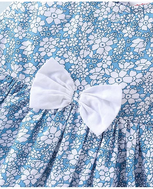 Babyhug Woven Sleeveless Floral Printed Frock With Bloomer & Bow Applique & Cap - White & Light Blue