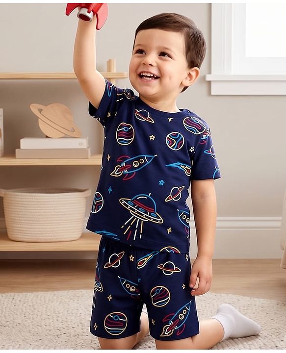 Babyhug Cotton Knit Half Sleeves Space Theme Printed Co-Ords T-Shirt & Shorts Night Suit - Navy Blue