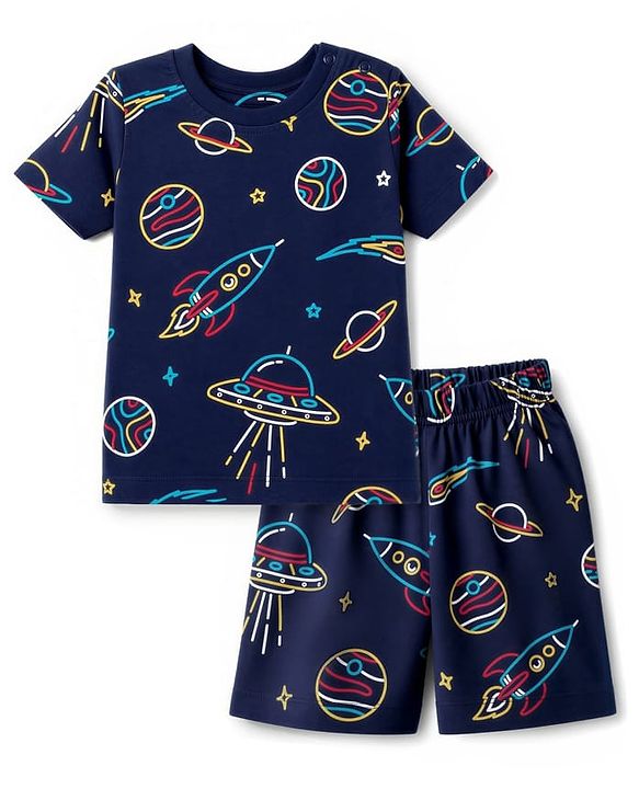 Babyhug Cotton Knit Half Sleeves Space Theme Printed Co-Ords T-Shirt & Shorts Night Suit - Navy Blue