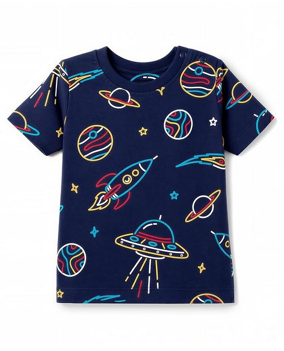 Babyhug Cotton Knit Half Sleeves Space Theme Printed Co-Ords T-Shirt & Shorts Night Suit - Navy Blue
