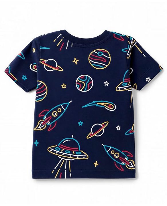 Babyhug Cotton Knit Half Sleeves Space Theme Printed Co-Ords T-Shirt & Shorts Night Suit - Navy Blue