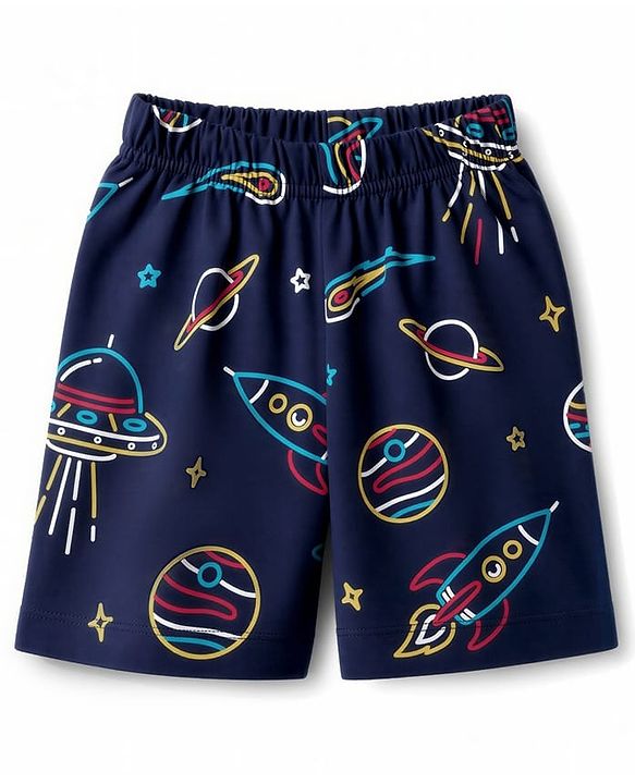 Babyhug Cotton Knit Half Sleeves Space Theme Printed Co-Ords T-Shirt & Shorts Night Suit - Navy Blue