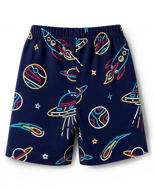 Babyhug Cotton Knit Half Sleeves Space Theme Printed Co-Ords T-Shirt & Shorts Night Suit - Navy Blue
