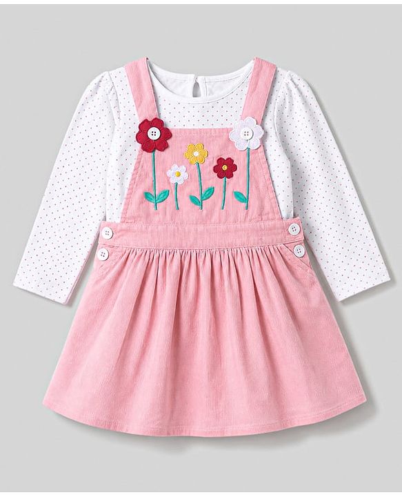 Babyhug Corduroy Woven Full Sleeves Polka Dots Printed & Floral Embroidered Frock With Inner Tee - Pink