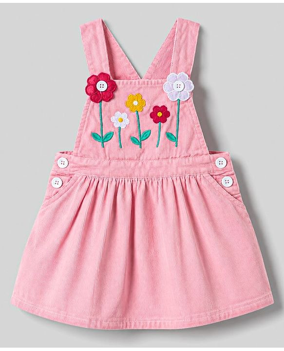 Babyhug Corduroy Woven Full Sleeves Polka Dots Printed & Floral Embroidered Frock With Inner Tee - Pink
