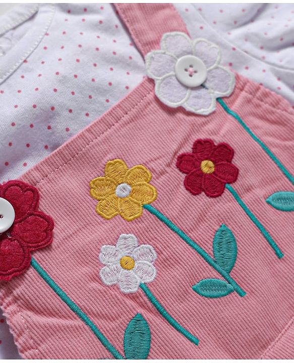 Babyhug Corduroy Woven Full Sleeves Polka Dots Printed & Floral Embroidered Frock With Inner Tee - Pink