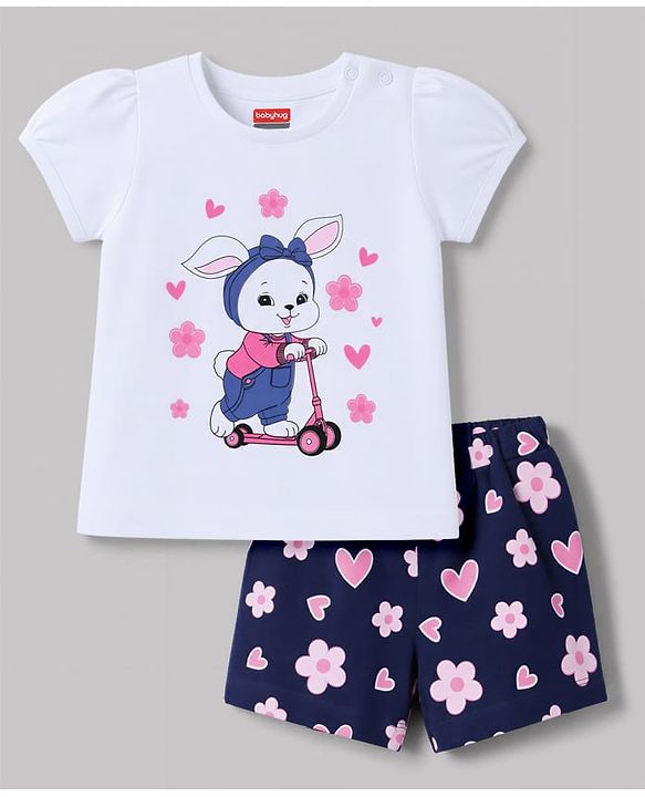 Babyhug 100% Cotton Knit Half Sleeves Bunny Printed T-Shirt & Shorts Night Suit - White