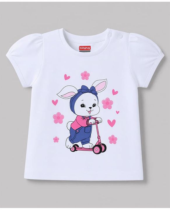 Babyhug 100% Cotton Knit Half Sleeves Bunny Printed T-Shirt & Shorts Night Suit - White