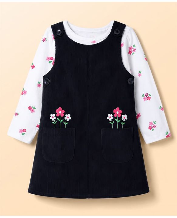 Babyhug Woven Full Sleeves Floral Printed & Embroidered Frock With Inner Tee - Multicolor