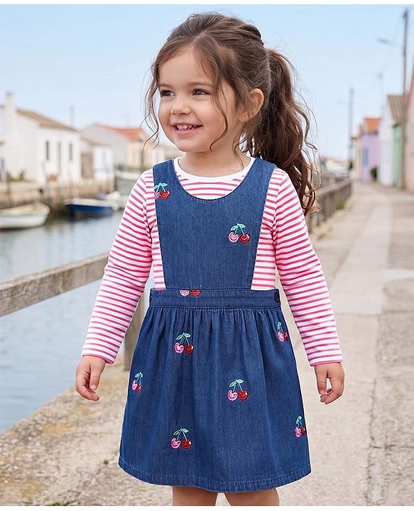 Babyhug Denim Woven Full Sleeves Cherry Embroidered & Striped Frock With Inner Tee - Navy Blue