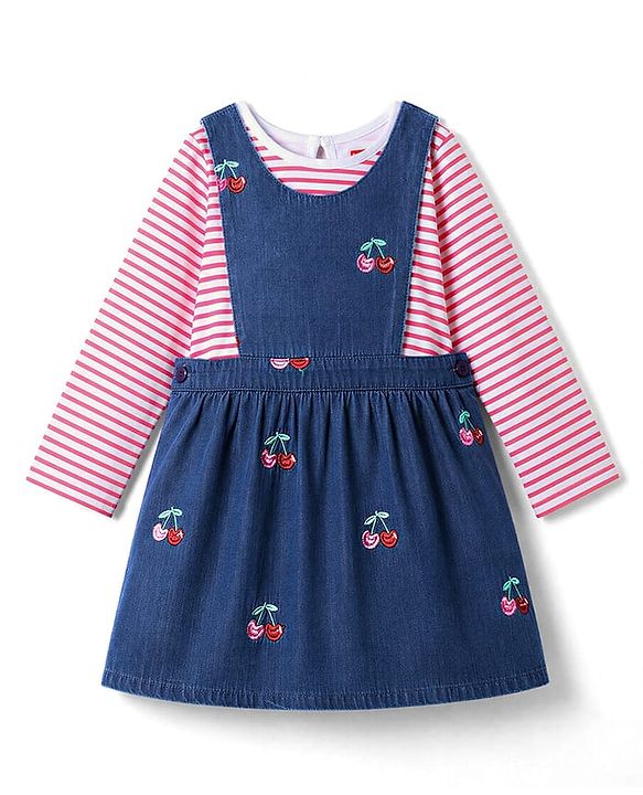 Babyhug Denim Woven Full Sleeves Cherry Embroidered & Striped Frock With Inner Tee - Navy Blue