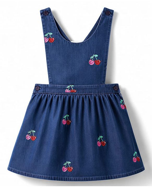 Babyhug Denim Woven Full Sleeves Cherry Embroidered & Striped Frock With Inner Tee - Navy Blue