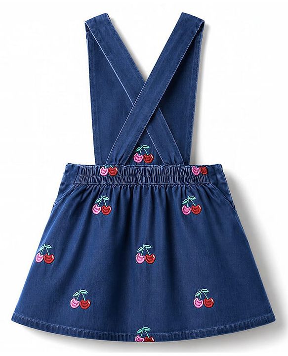 Babyhug Denim Woven Full Sleeves Cherry Embroidered & Striped Frock With Inner Tee - Navy Blue
