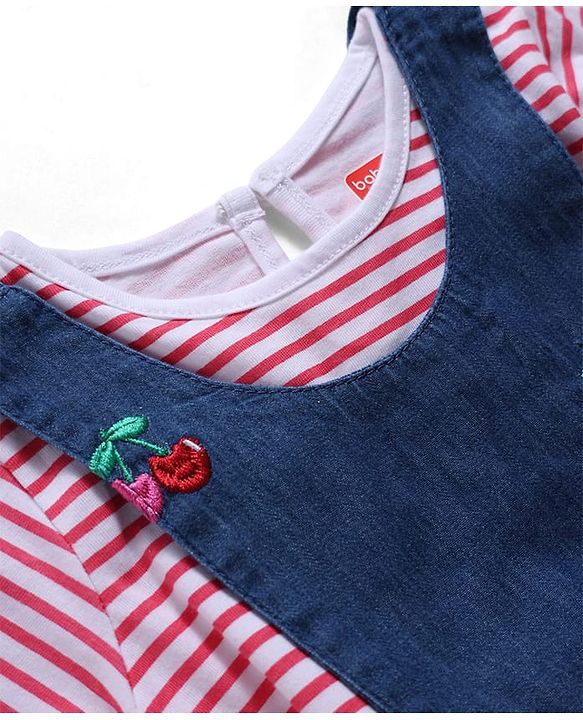 Babyhug Denim Woven Full Sleeves Cherry Embroidered & Striped Frock With Inner Tee - Navy Blue