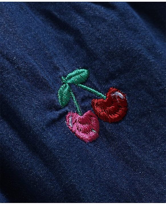 Babyhug Denim Woven Full Sleeves Cherry Embroidered & Striped Frock With Inner Tee - Navy Blue