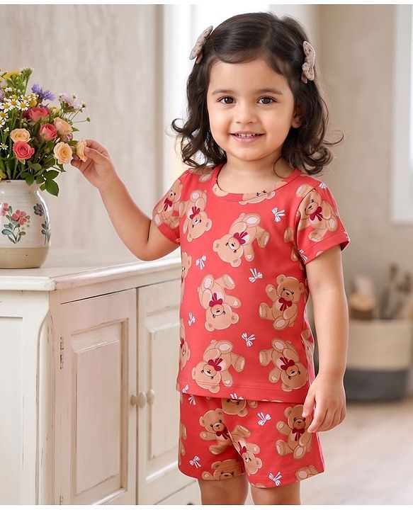 Babyhug 100% Cotton Knit Half Sleeves T-Shirt & Shorts Night Suit Co-ords With Teddy Bear Print - Red