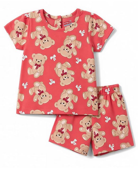 Babyhug 100% Cotton Knit Half Sleeves T-Shirt & Shorts Night Suit Co-ords With Teddy Bear Print - Red