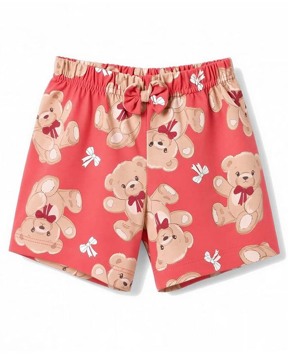 Babyhug 100% Cotton Knit Half Sleeves T-Shirt & Shorts Night Suit Co-ords With Teddy Bear Print - Red