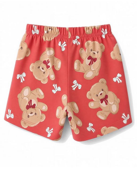 Babyhug 100% Cotton Knit Half Sleeves T-Shirt & Shorts Night Suit Co-ords With Teddy Bear Print - Red