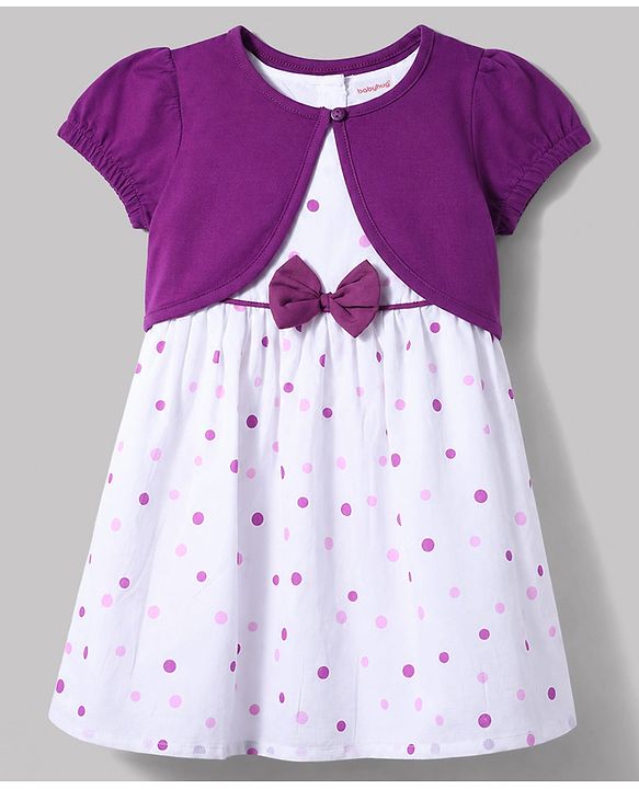 Babyhug 100% Cotton Woven Half Sleeves Polka Dots Printed Frock With Shrug & Bow Applique - White & Violet