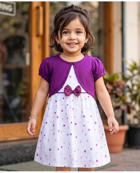 Babyhug 100% Cotton Woven Half Sleeves Polka Dots Printed Frock With Shrug & Bow Applique - White & Violet