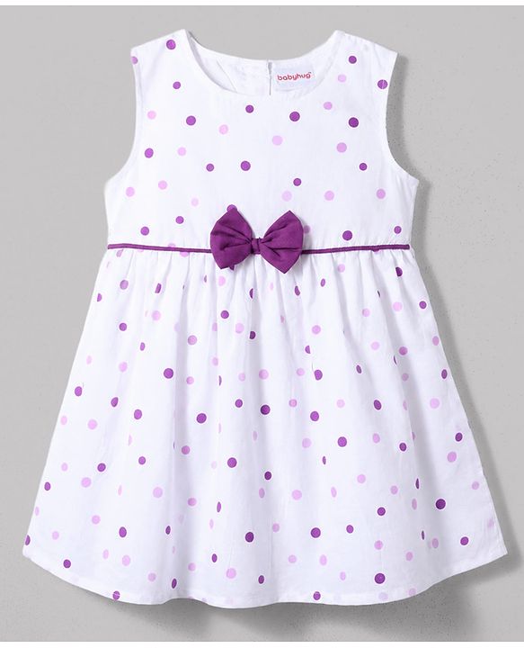 Babyhug 100% Cotton Woven Half Sleeves Polka Dots Printed Frock With Shrug & Bow Applique - White & Violet