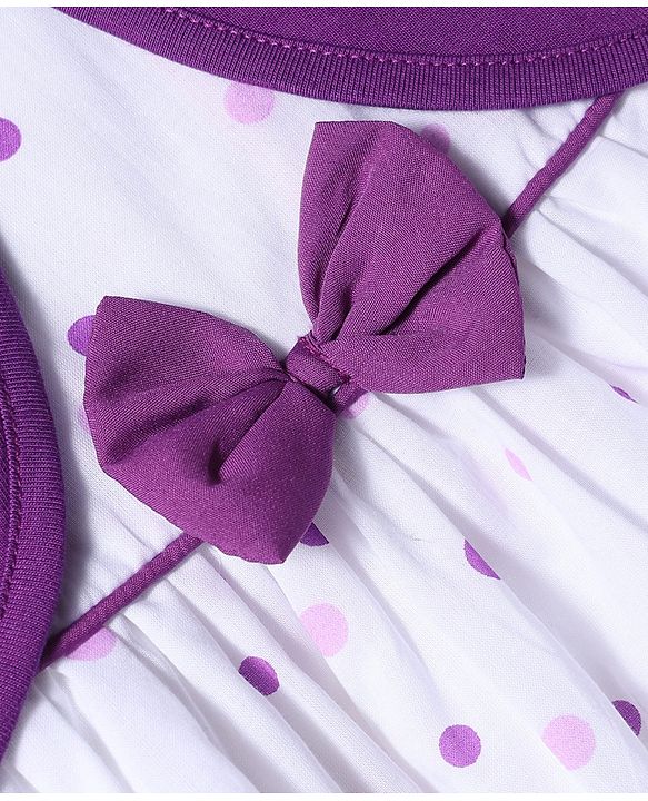 Babyhug 100% Cotton Woven Half Sleeves Polka Dots Printed Frock With Shrug & Bow Applique - White & Violet
