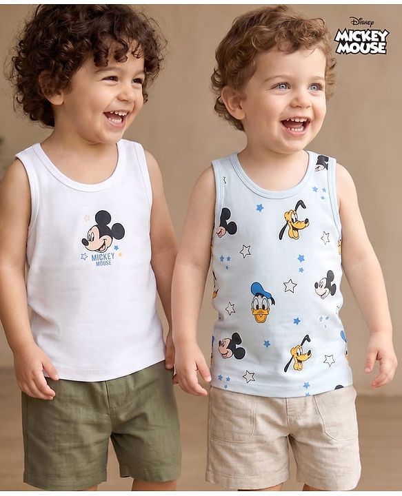 Babyhug Disney Single Jersey Knit Sleeveless Vest with Mickey Mouse Graphics Pack of 2-  White