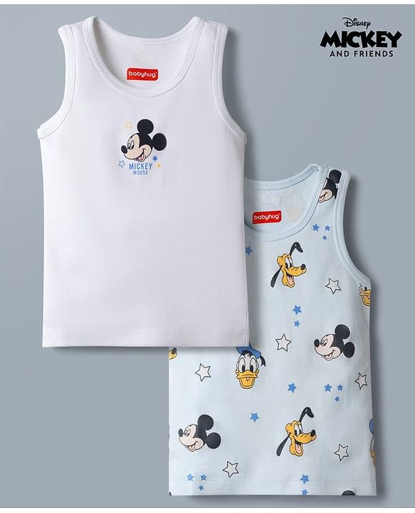 Babyhug Disney Single Jersey Knit Sleeveless Vest with Mickey Mouse Graphics Pack of 2-  White
