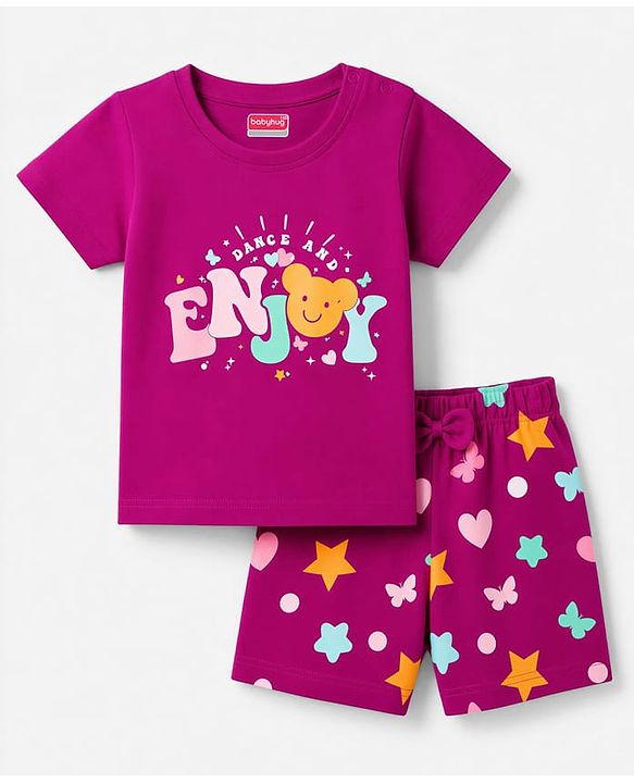 Babyhug 100% Cotton Knit Half Sleeves T-Shirt & Shorts Night Suit With Star & Text Print - Purple