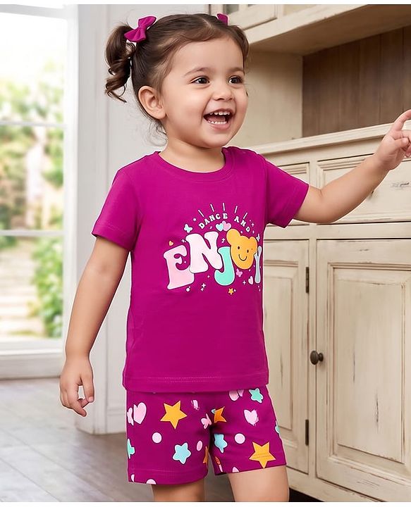 Babyhug 100% Cotton Knit Half Sleeves T-Shirt & Shorts Night Suit With Star & Text Print - Purple