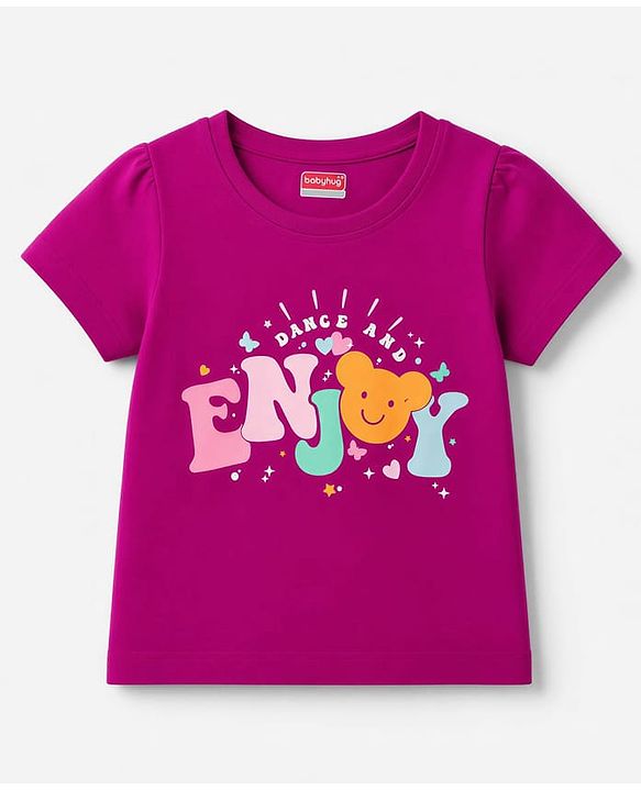 Babyhug 100% Cotton Knit Half Sleeves T-Shirt & Shorts Night Suit With Star & Text Print - Purple