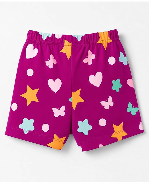 Babyhug 100% Cotton Knit Half Sleeves T-Shirt & Shorts Night Suit With Star & Text Print - Purple