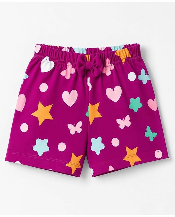 Babyhug 100% Cotton Knit Half Sleeves T-Shirt & Shorts Night Suit With Star & Text Print - Purple