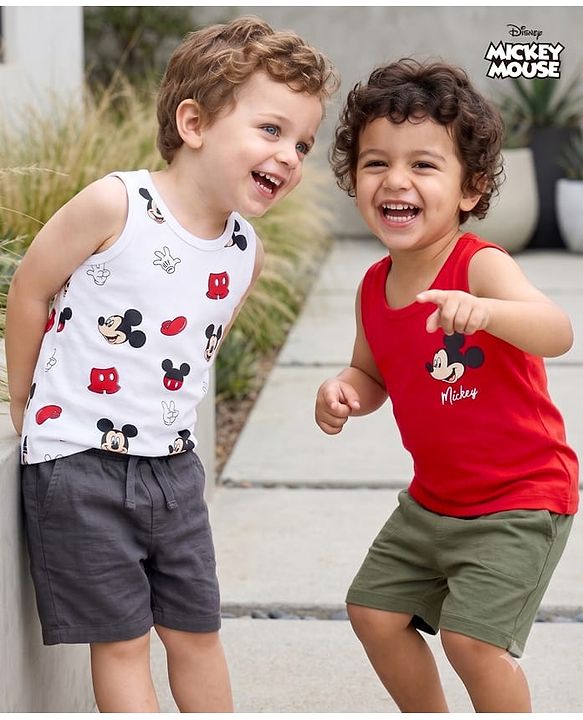 Babyhug Disney Single Jersey Knit Sleeveless Vests With Mickey Mouse Graphics Pack of 2 - Multicolor