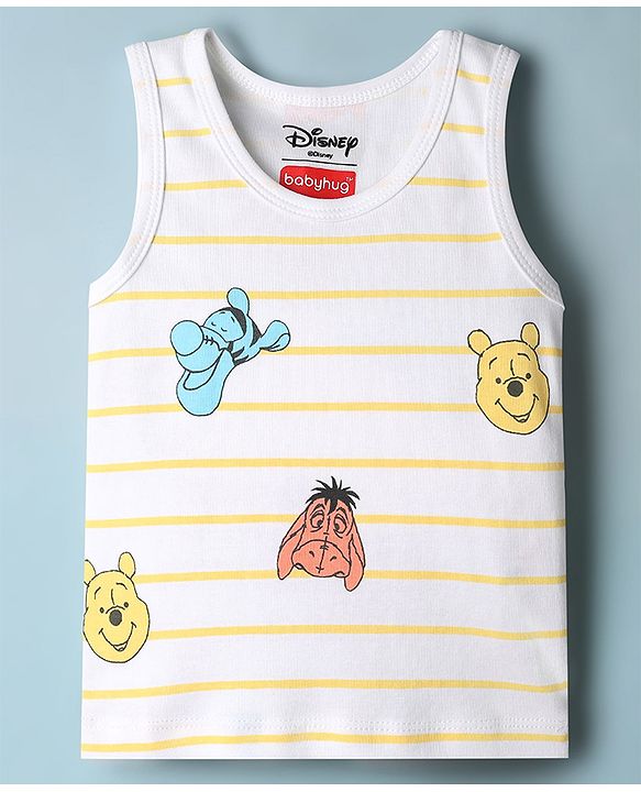 Babyhug Disney Single Jersey Knit Sleeveless Striped Vest With Winnie the Pooh Graphic Pack of 2 - White & Yellow